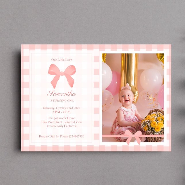 Invitación Foto de cumpleaños de Pink Gingham Bow (Subido por el creador)