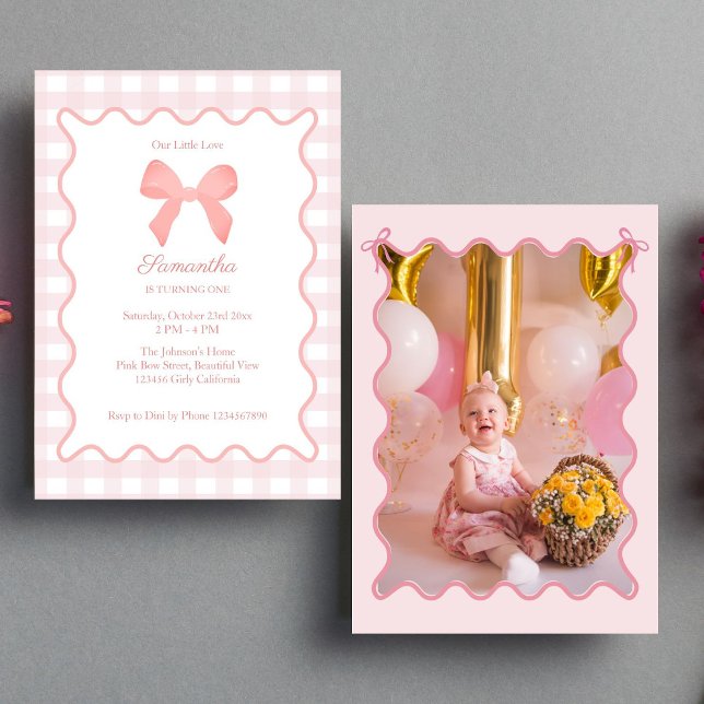 Invitación Foto de cumpleaños de Pink Gingham Bow (Subido por el creador)