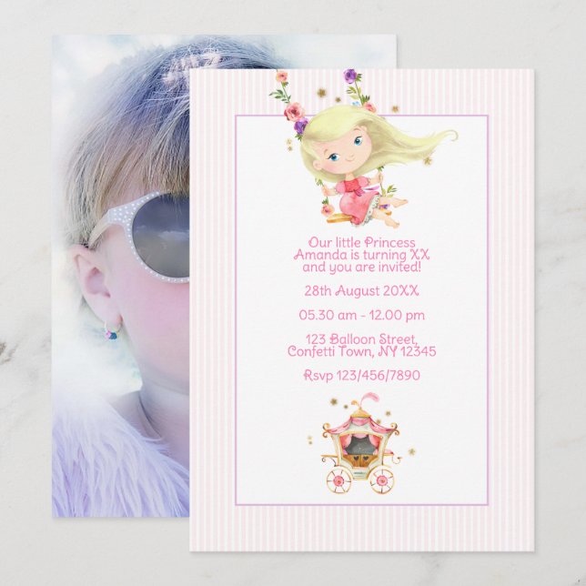 Invitación Foto de cumpleaños de princesa en carruaje real (Anverso / Reverso)