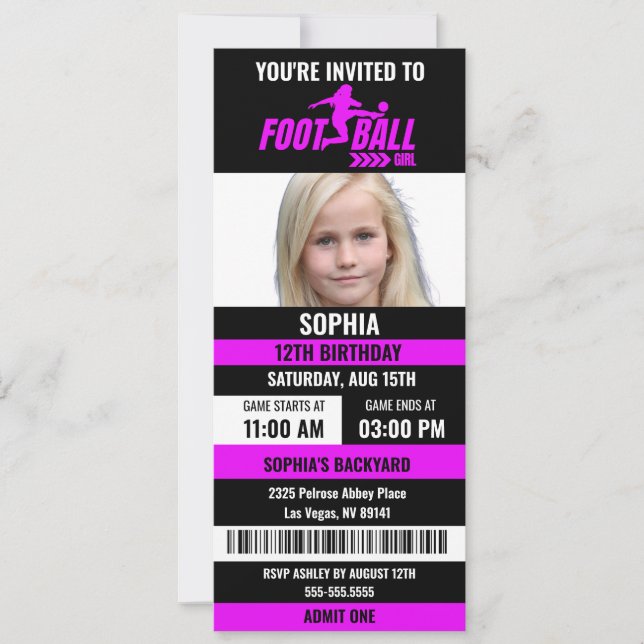 Invitación Foto de cumpleaños de Purple Black Football Ticket (Anverso)
