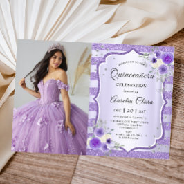 Invitación Foto de cumpleaños de Quinceanera con flores morad