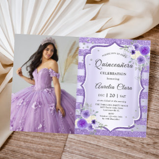 Invitación Foto de cumpleaños de Quinceanera con flores morad
