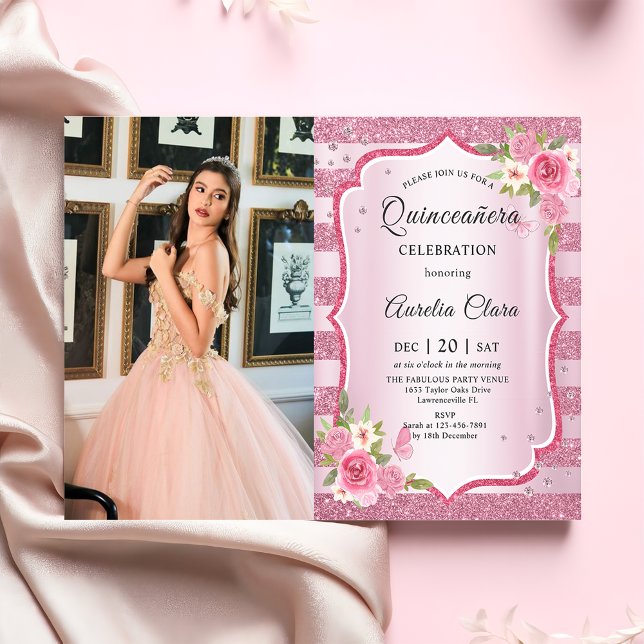 Invitación Foto de cumpleaños de Quinceañera Floral Rosa (Subido por el creador)