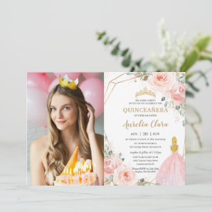 Invitación Foto de cumpleaños de Quinceañera Rubor Floral Blo