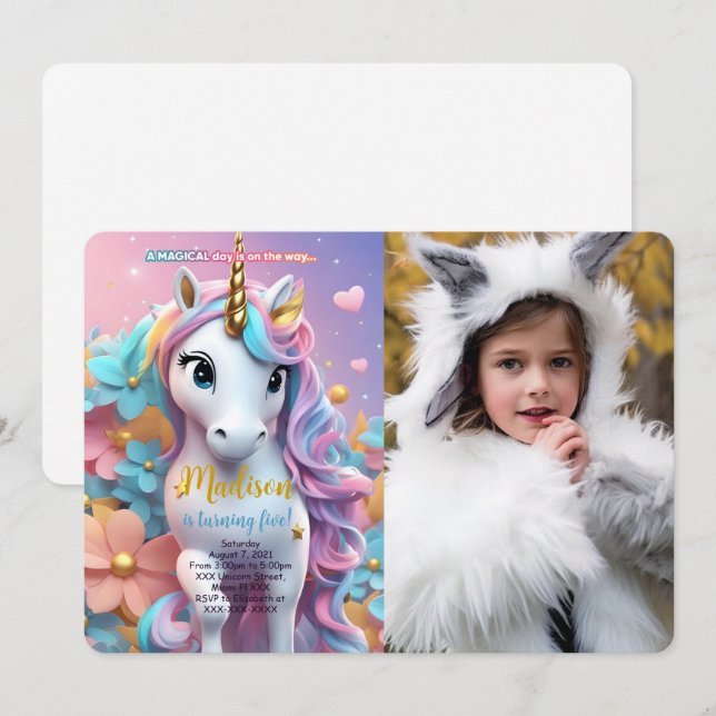 Invitación Foto de cumpleaños de Rainbow Hair Unicorn (Anverso / Reverso)