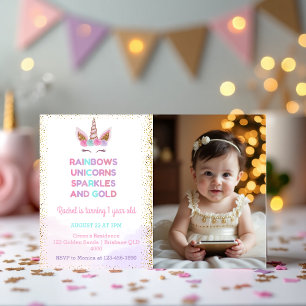Invitación Foto de cumpleaños de Rainbow Unicorn Royal Sparkl