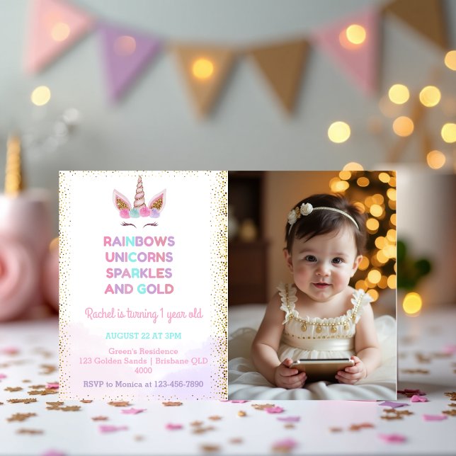 Invitación Foto de cumpleaños de Rainbow Unicorn Royal Sparkl (Rainbow Unicorn Royal Sparkle Birthday Photo Editable Invitation)