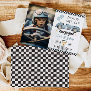 Invitación Foto de cumpleaños de Retro Blue Race Car Balloon