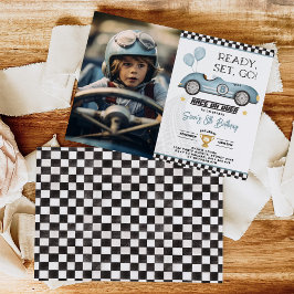 Invitación Foto de cumpleaños de Retro Blue Race Car Balloon