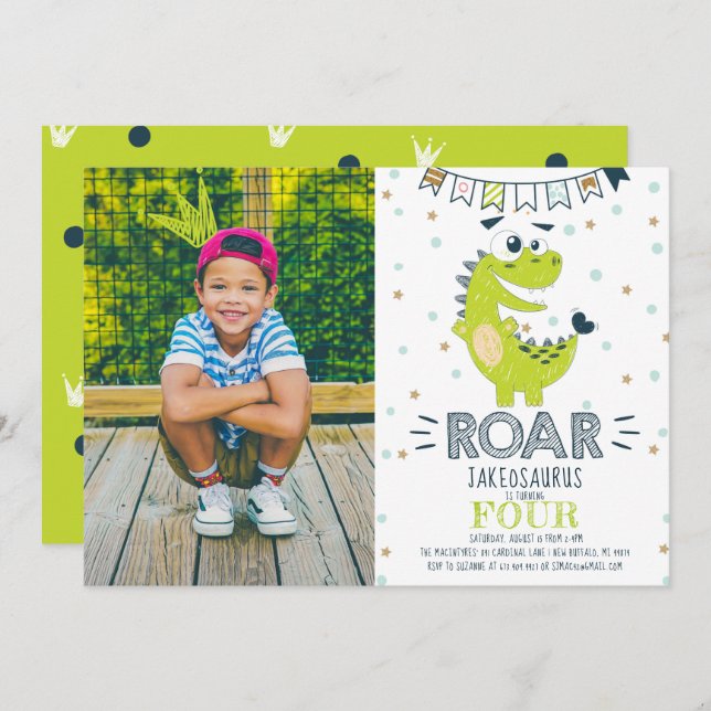 Invitación Foto de cumpleaños de ROAR green Dinosaur (Anverso / Reverso)