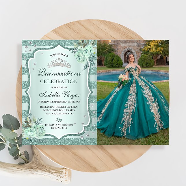 Invitación Foto de cumpleaños de Silver Royal Green Quinceane (Subido por el creador)