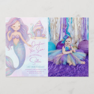 Invitación Foto de cumpleaños de sirena bajo el mar púrpura 1
