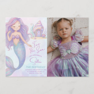 Invitación Foto de cumpleaños de sirena bajo el mar púrpura 2