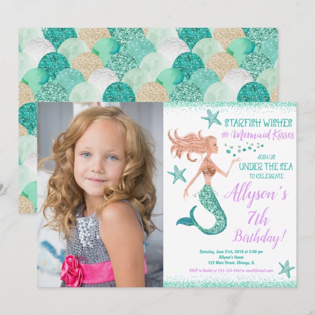 Invitación Foto de cumpleaños de sirena de oro verde azulado  (Anverso / Reverso)