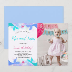 Invitación Foto de cumpleaños de sirena mágica acuarela