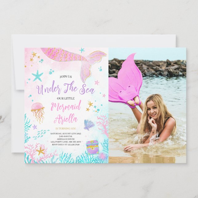 Invitación Foto de cumpleaños de sirena rosa mágica (Anverso)