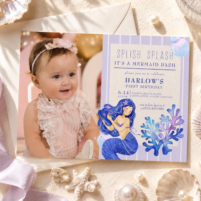 Invitación Foto de cumpleaños de Splash Splash Mermaid Bash (Splish Splash Mermaid Bash First Birthday Photo Invitation)
