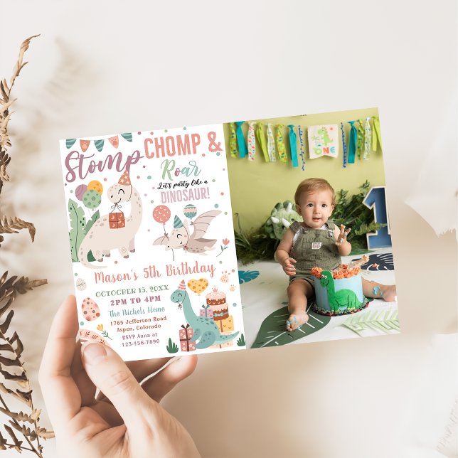 Invitación Foto de cumpleaños de Stomp, Chomp y Roar Dinosaur (Subido por el creador)