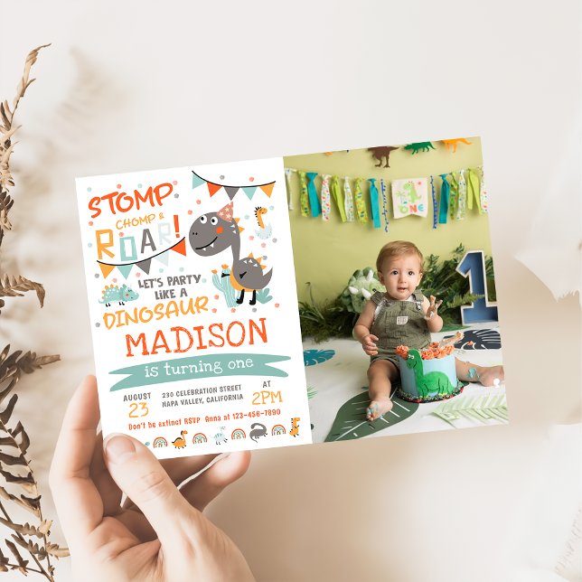 Invitación Foto de cumpleaños de Stomp, Chomp y Roar Dinosaur (Subido por el creador)