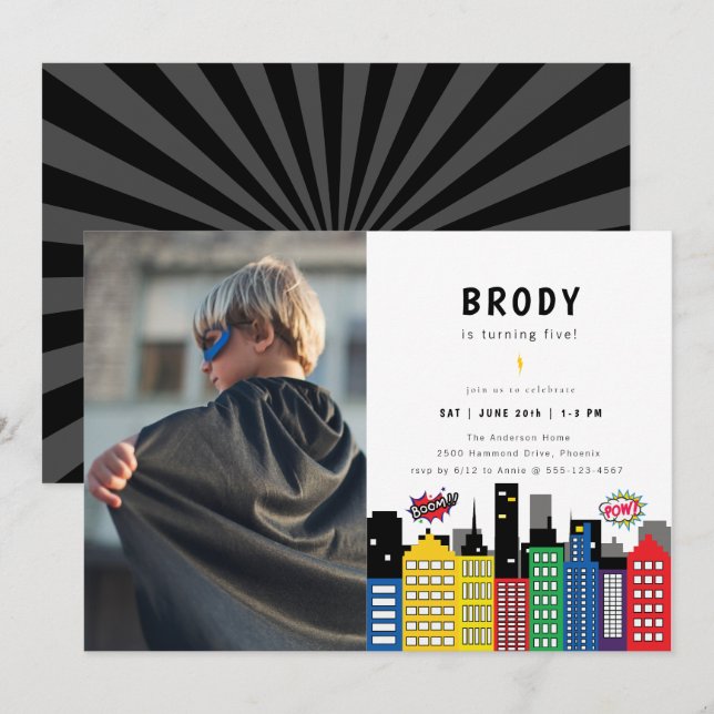 Invitación Foto de cumpleaños de superhéroes (Anverso / Reverso)