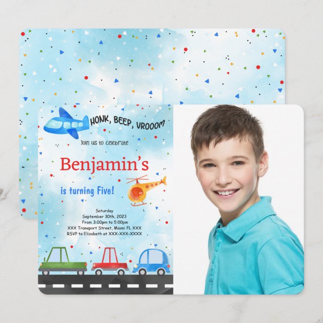 Invitación Foto de cumpleaños de transporte (Anverso / Reverso)