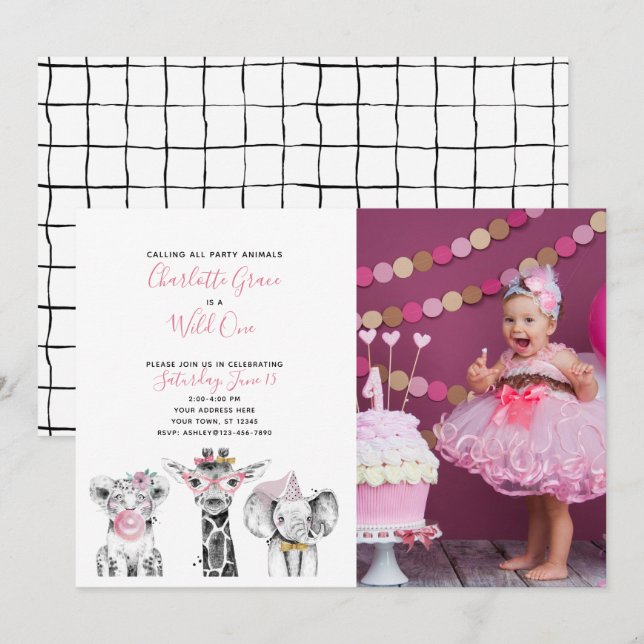 Invitación Foto de cumpleaños de un Chica blanco negro salvaj (Anverso / Reverso)