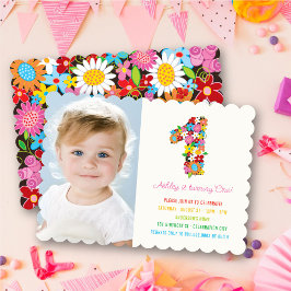 Invitación Foto de cumpleaños de una niña con flores de prima