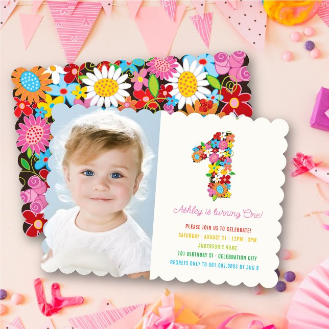 Invitación Foto de cumpleaños de una niña con flores de prima (Spring Flowers Garden Blooms Number One Photo Baby Girl's 1st Birthday Party Invitation @ fat_fa_tin)
