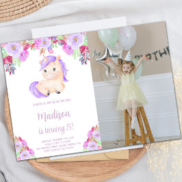 Invitación Foto de cumpleaños de Unicornio color rosa morado