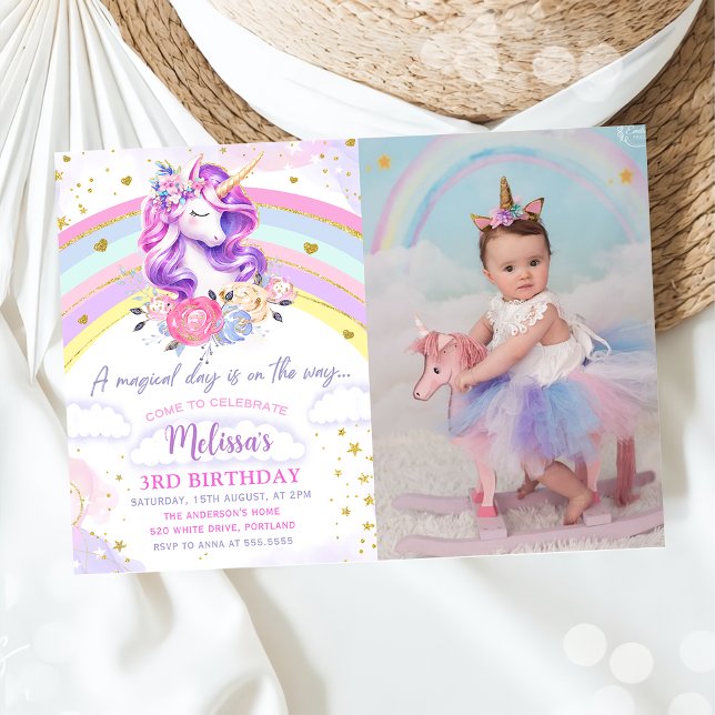 Invitación Foto de cumpleaños de Unicornio con arcoiris Paste (Subido por el creador)