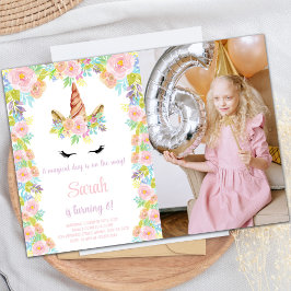 Invitación Foto de cumpleaños de Unicornio rosa floral