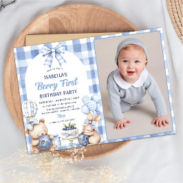 Invitación Foto de cumpleaños de Watercolor Blueberry 1st