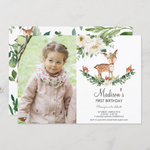 Invitación Foto de cumpleaños de White Floral Deer Fawn Woodl