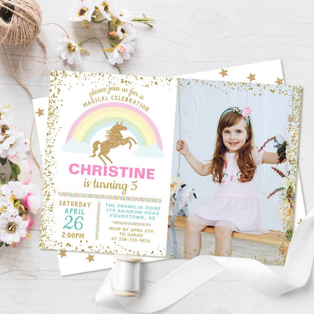 Invitación Foto de cumpleaños del arcoiris de Unicorn, Purpur (Subido por el creador)