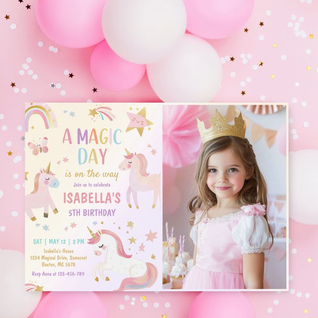 Invitación Foto de cumpleaños del arcoiris de Unicornio del P (Subido por el creador)