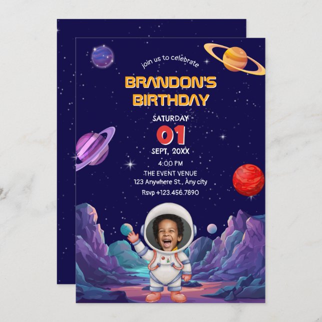 Invitación Foto de cumpleaños del astronauta. (Anverso / Reverso)