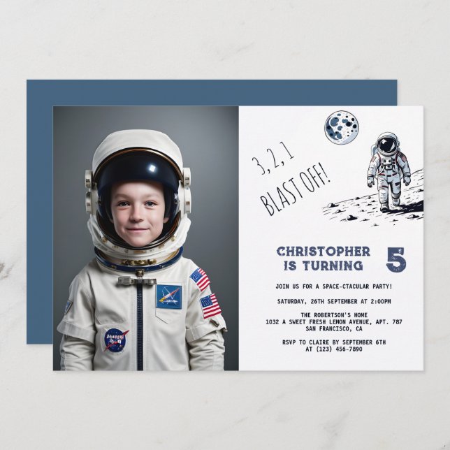 Invitación Foto de cumpleaños del astronauta "Blast Off Boy"  (Anverso / Reverso)