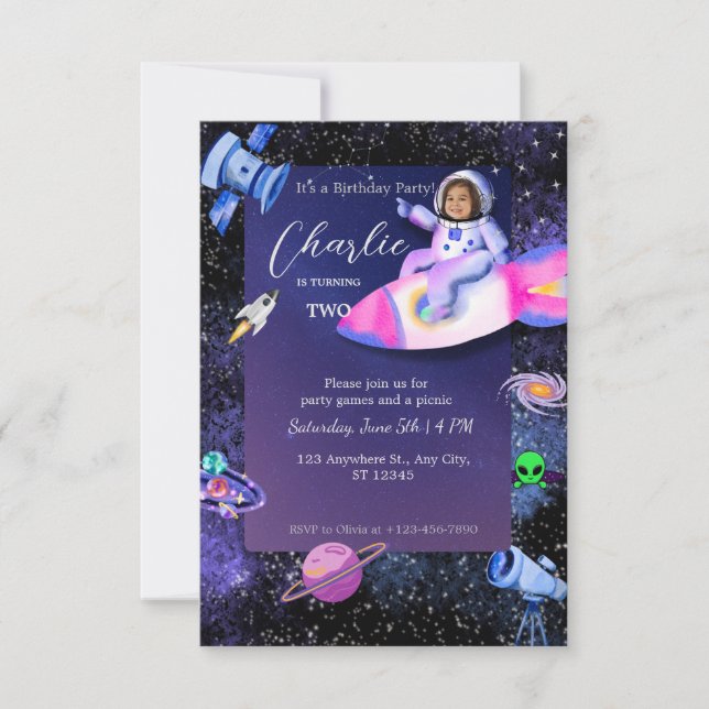 Invitación Foto de cumpleaños del astronauta en el espacio ex (Anverso)