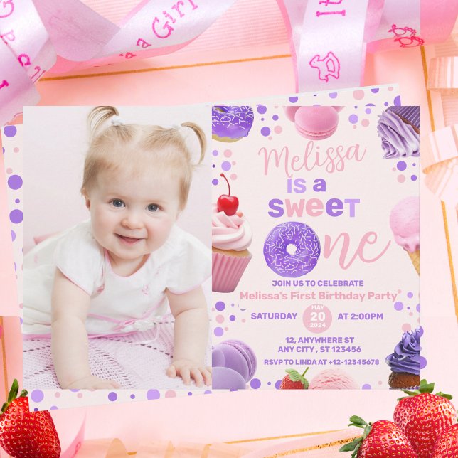 Invitación Foto de cumpleaños del Chica Cute Pink Morple Swee (Subido por el creador)