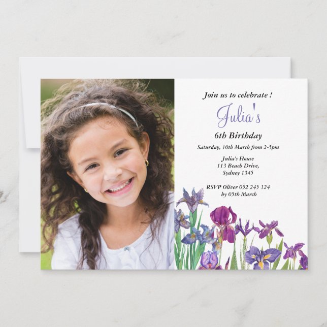 Invitación Foto de cumpleaños del chica de flores Iris (Anverso)