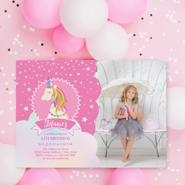 Invitación Foto de cumpleaños del Chica de unicornio arcoiris (Subido por el creador)