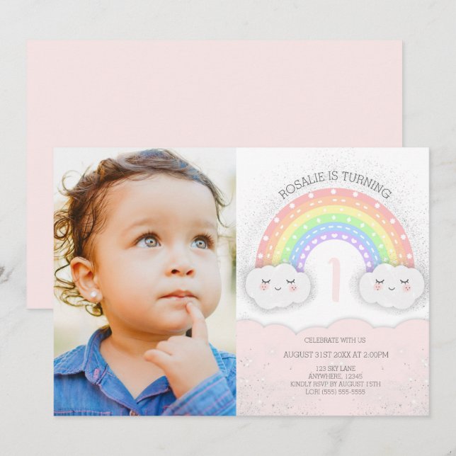 Invitación Foto de cumpleaños del Chica del arcoiris y las nu (Anverso / Reverso)