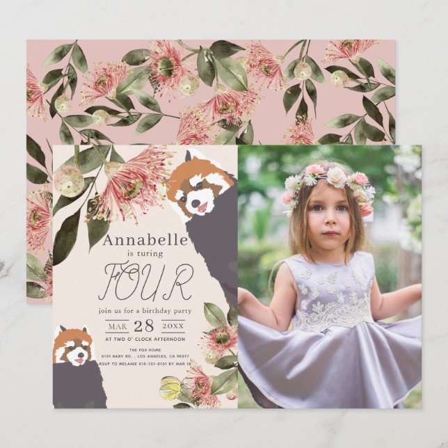 Invitación Foto de cumpleaños del Chica Floral Rosa Panda Ros (Anverso / Reverso)