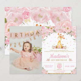 Invitación Foto de cumpleaños del Chica Giraffe floral Rosa