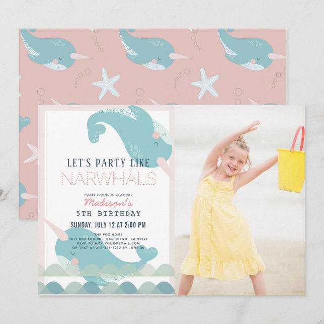 Invitación Foto De Cumpleaños Del Chica Rosa Narwhal Waves Se (Anverso / Reverso)