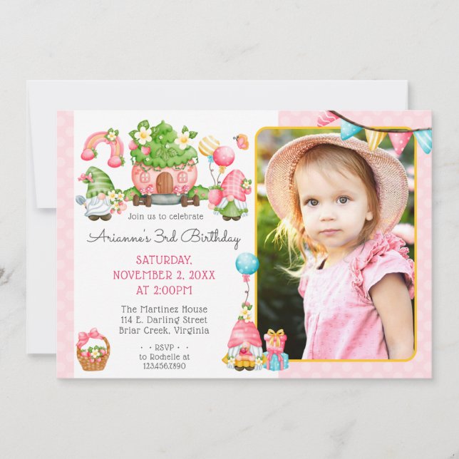 Invitación Foto de cumpleaños del Chica Strawberry Gnome Gard (Anverso)