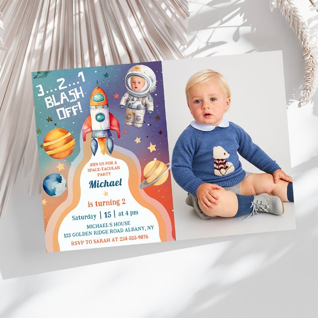 Invitación Foto de cumpleaños del cohete astronauta en el esp (Subido por el creador)