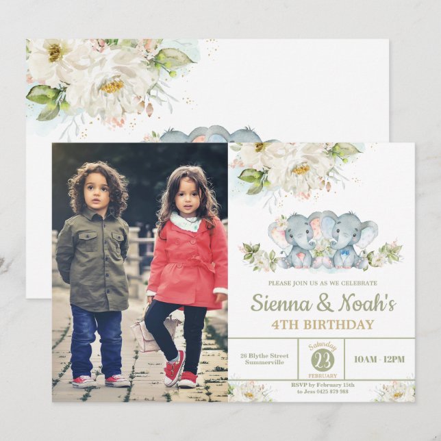 Invitación Foto de cumpleaños del elefante gemelo verde Chica (Anverso / Reverso)