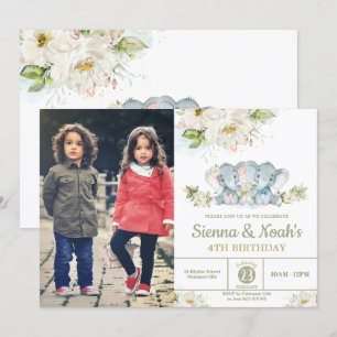 Invitación Foto de cumpleaños del elefante gemelo verde Chica