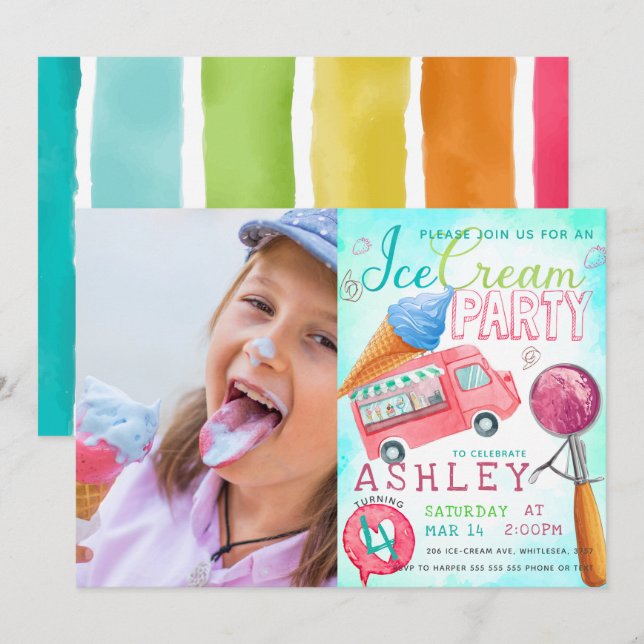 Invitación Foto de cumpleaños del Fiesta Ice Cream (Anverso / Reverso)